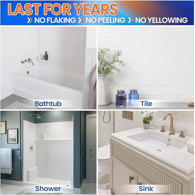 Specialty Tub and Tile Paint, Water-based Tub and Tile Refinishing Kit with Tools, Quick-Dry Tub Paint for Bathtub, No Odor Shower Paint, Bathroom Tile Paint, User-friendly on Tubs, Tile, Shower, Sink (Pure White)