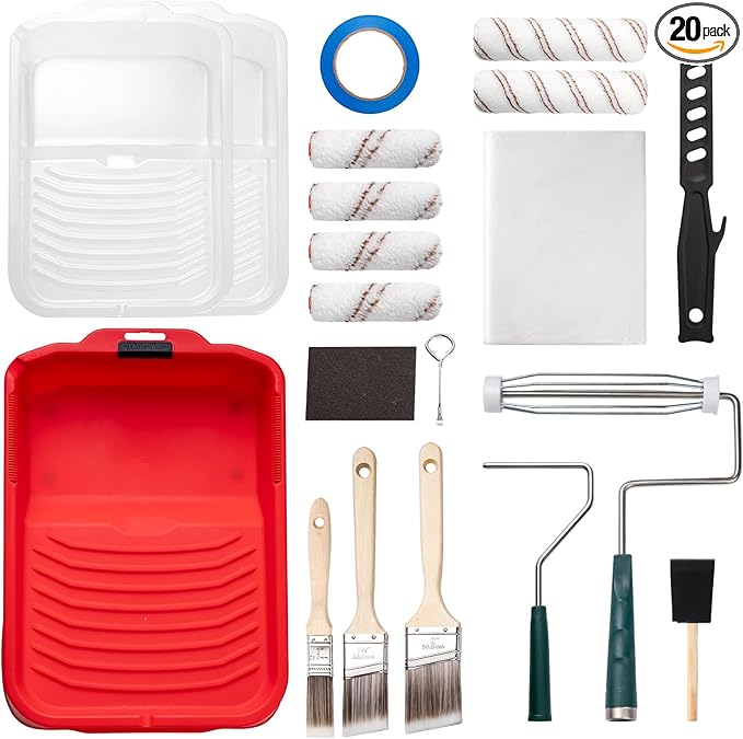 Mister Rui 20-Piece Paint Roller Kit, 9 Inch and 4 Inch Microfiber Roller Set with Paint Tray, Liners, Brushes, Drop Cloth and Tape for Walls, Ceilings, Trim and Home Painting