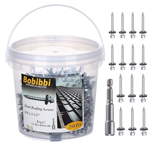 Metal Roofing Screws 10 x 2-1/2 inch, Hex Head Sheet Metal Roof Screw with EPDM Washer for Corrugated Roofing (250Pcs)