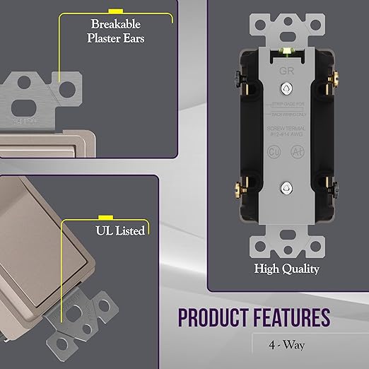 ENERLITES 4-Way Decorator Light Switch, Four Way Paddle Rocker Switch, Gloss Finish, Ground Wire Lead Attached, Residential/Commercial Grade, 15A 120V/277V, UL Listed, 94150-NK, Nickel