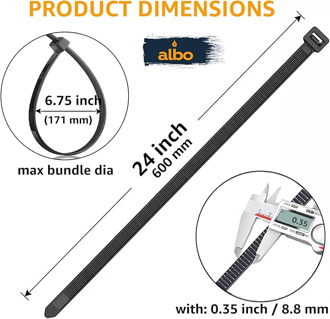 ALBO Zip Ties Black 24 Inch 100 Pack 200 lb, Long Plastic Cable Ties Thick 0,35 Inch Tie Wraps Heavy Duty UV Resistant Nylon Wire Ties for Indoor and Outdoor