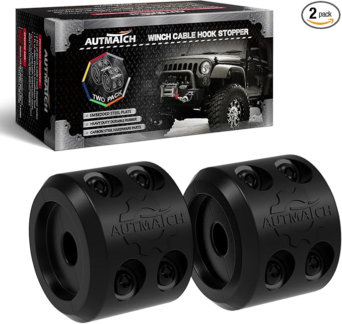 AUTMATCH Winch Cable Hook Stopper (2 Pack), Silicone Rubber Winch Stopper for Wire & Synthetic Rope, Winch Line ATV UTV, Shock Absorbent, Prevent Pulling Bounce and Abrasion, Black