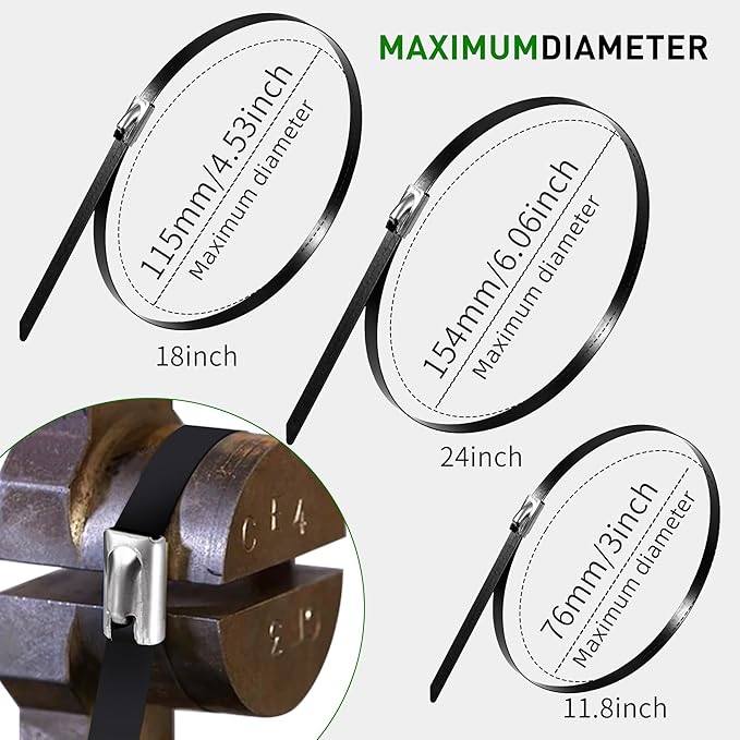 Metal Zip Ties 100 Pack 12 Inch, 304 Stainless Steel 300LBS Heavy Duty Zip Ties Black - Self-Locking Cable Ties for Exhaust Wrap，Chain Link Fence Parts, Outdoor Farms,Pipes
