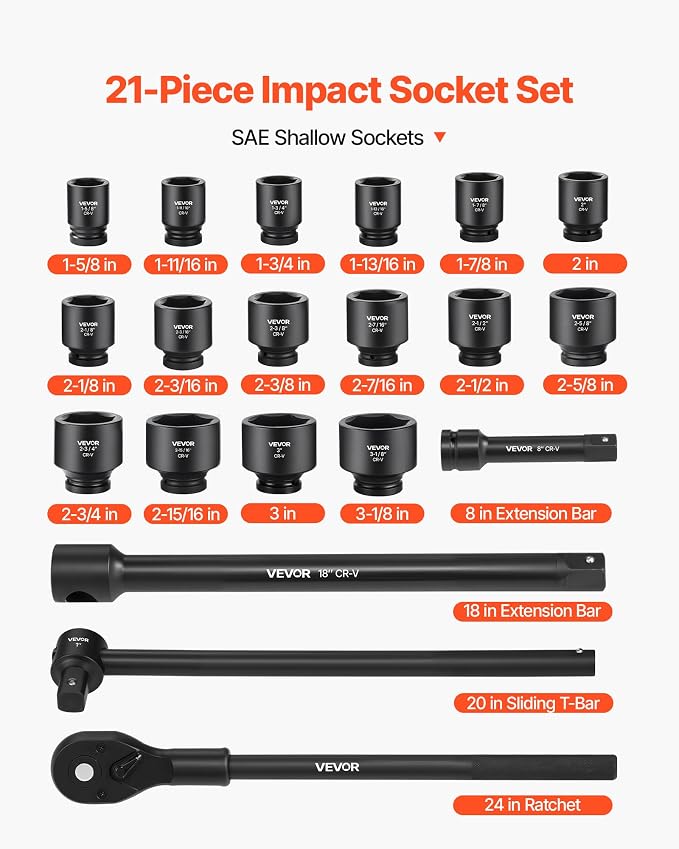 VEVOR 1 in Drive Impact Socket Set, 21 Piece, SAE (1-5/8" to 3-1/8") | 6 Point Shallow Cr-V Impact Sockets, with 8 in & 18 in Extension Bars, 24 in Ratchet, Size Markings, Storage Case