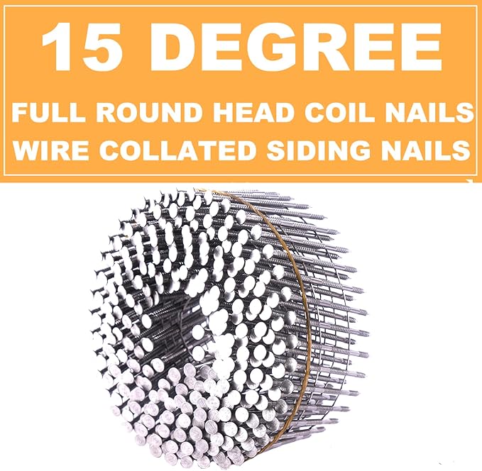 Stainless Steel 3600 Count Siding Nails, 15-Degree 2 Inch *.092 Wire Collated Coil Ring Shank Nails, Full Round Head Galvanized Siding Nailer Attachment Replacement Parts