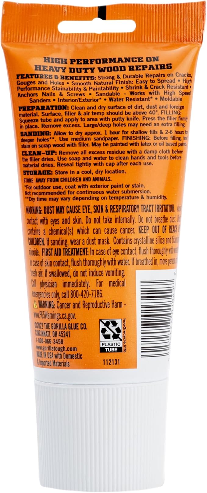 Gorilla All Purpose Wood Filler, White, Wood Filler, 6 Ounce Tube (Pack of 1) - Water Resistant for Indoor or Outdoor Projects and Repairs