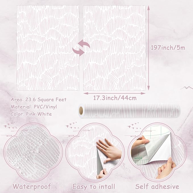 Theper Pink Striped Wallpaper Peel and Stick Wallpaper Boho 17.3"×197" Simple Modern Removable Self Adhesive Wall Paper for Bedroom Cabinets Waterproof White and Pink Contact Paper Vinyl Roll