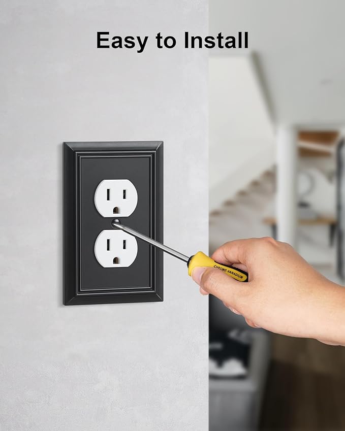 4-Pack Duplex Outlet Cover Plate, Decorative Matte Black Switch Plates and Outlet Covers, Natural Bamboo Fiber Wall Plates for Electrical Outlets, 1 Gang Receptacle Cover, Corrosion Resistant