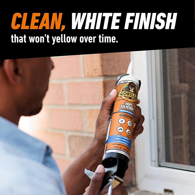 Gorilla 100% Silicone Sealant Caulk Window & Door, 10 Ounce Cartridge, White