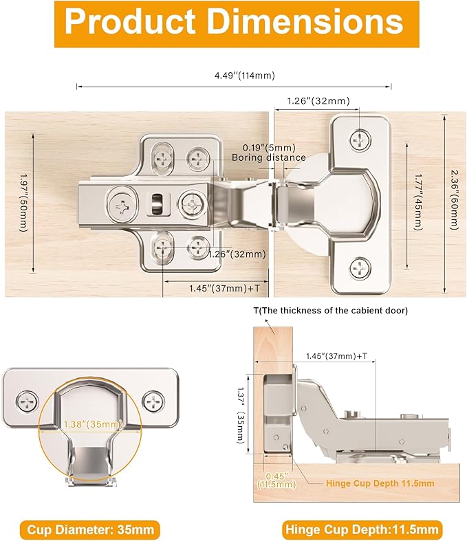 20pcs Inset Cabinet Hinge Frameless Concealed Door Hinges European Soft Closing Four-Hole Mounting Plate Hinges Nickel Plated Finish