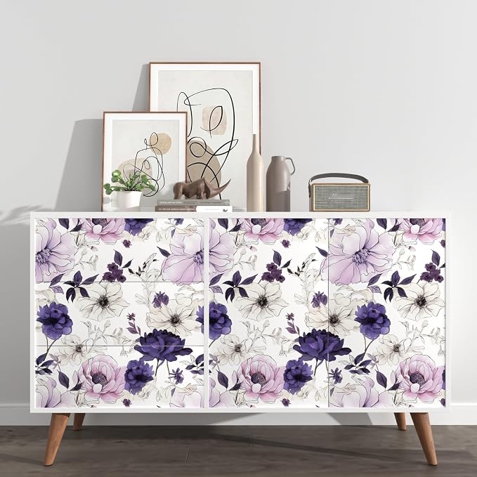 Floral Botanical Peel and Stick Wallpaper 17.5" x 118",White/Purpel | Self Adhesive/Removable/Waterproof/Thick Vinyl Contact Paper for Bathroom Bedroom Shelf Cabinet Drawer,Prepasted,Easy Peel
