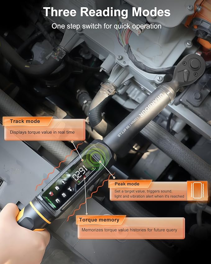 Uharbour 3/8" Drive Digital Torque Wrench 1.5-99.5 ft-lbs/6.8-135Nm | ±1% Accuracy Electric Wrench, Dual Direction Ratchet, Vibration & LED Alert