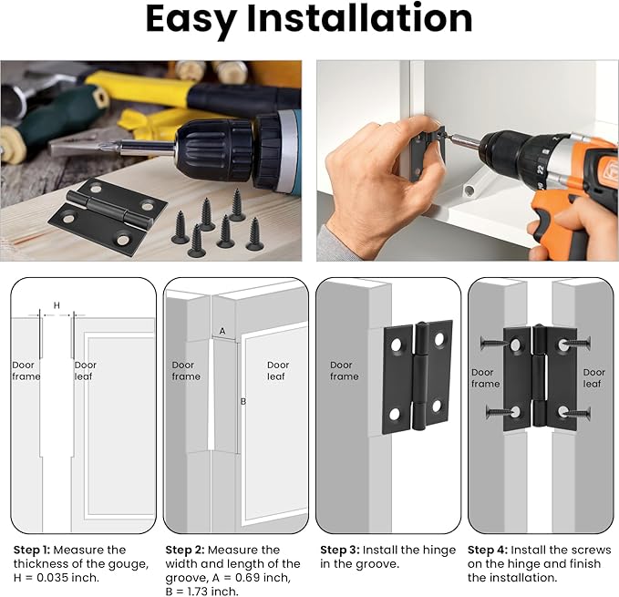 16Pcs 1.5 Inch Door Hinge, Stainless Steel Folding Butt Hinges with Mounting Screws for Cabinets, Furniture, Outdoor Windows, Crafts (Black)