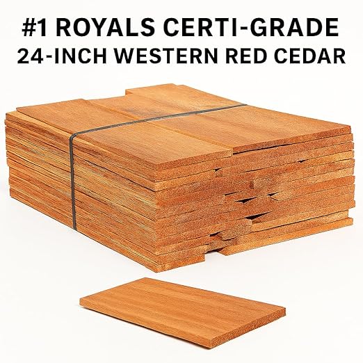 24" #1 Royals Western Red Cedar Shingles – CERTI‑Grade, Clear Vertical Grain, Kiln Dried – Premium Cedar Siding & Roofing Shingles for Exterior Applications