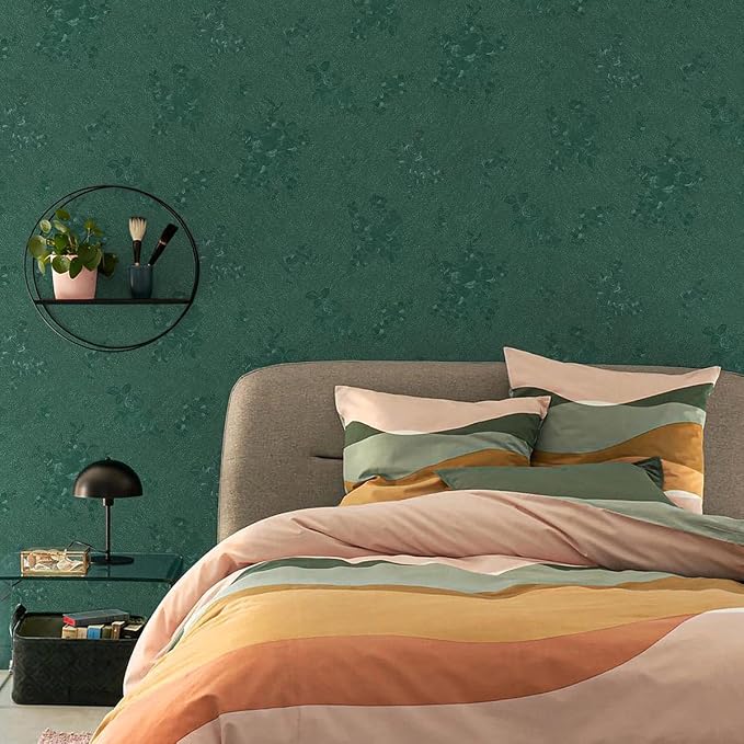 Dark Green Wallpaper Silk Embossed Texture Contact Paper 118in17.7in | Emerald Green Floral Wallpaper,Thicken Self Adhesive Removable,Used for Cabinet Kitchen Bedroom Bathroom Waterproof WallDecor