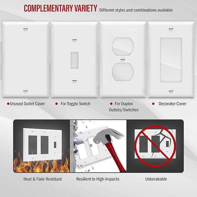 ENERLITES Combination Single Toggle/Double Decorator Rocker Outlet Wall Plate, Standard Size 3-Gang Light Switch Cover (4.5 x 6.38), Polycarbonate Thermoplastic, UL Listed, 881132-W, White, 10 Pack