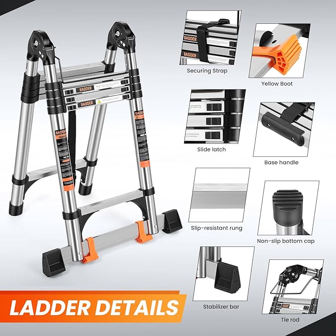 Telescoping Ladder 12.5 FT A Frame, Extension Multi-Purpose with Balance Bar Heavy Duty 330 lbs Max Capacity for Home and Outdoor Work, Silver