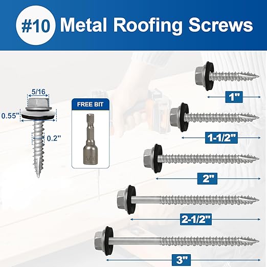 FMhotu Metal Roofing Screws #10×1Inch, 500-PCS, Hex Head Rustpert Coating Sheet Metal to Wood Siding Screw with EPDM Rubber Washer, Sharp Point, Hex Socket Included
