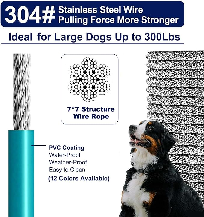 Tie Out Cable for Large Dog Runner for Yard, Pet Run Leash Heavy Duty Swivel Hooks Lead Holds Break Strength of 1000lbs, Steel Wire Dog Chain Leash Cable for Yard (Turquoise 50FT)