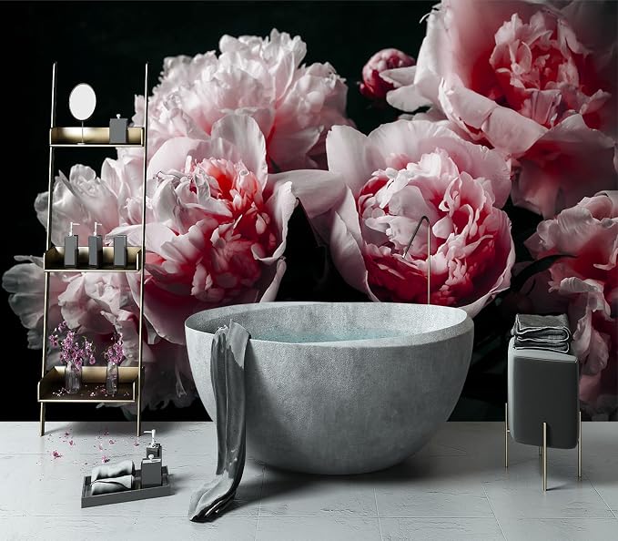 YIHWM-Peel and Stick Pink Flowers Wallpaper Dark Peony Floral Wall Mural | Tear-resistant,with a substantial feel;Will not be damaged during repositioning.Bathroom,Bedroom wallpaper.S-80"x58"