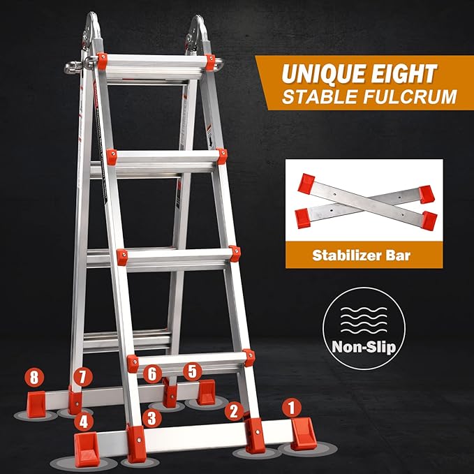 Soctone Ladder, A Frame Extension Ladder, Multi Position with Stabilizer Bar, 330 lbs Weight Rating Telescoping Ladder for Household or Outdoor Work, 14.5 Ft, Orange