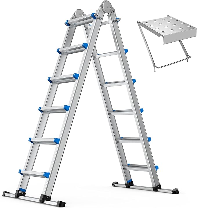20.5FT Aluminum Foldabl Extension Ladder - Heavy-Duty A-Frame Adjustable Design for Home & Work, 330lbs Capacity, Retractable System with Safety Lock