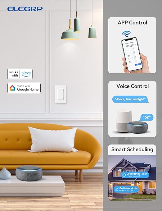 ELEGRP Single Pole Smart Dimmer Light Switch DPR10, 2.4GHz Wi-Fi Dimmer Switch Compatible with Alexa and Google Assistant, Needs Neutral Wire, No Hub Required, UL Listed, Matte White, 4 Pack