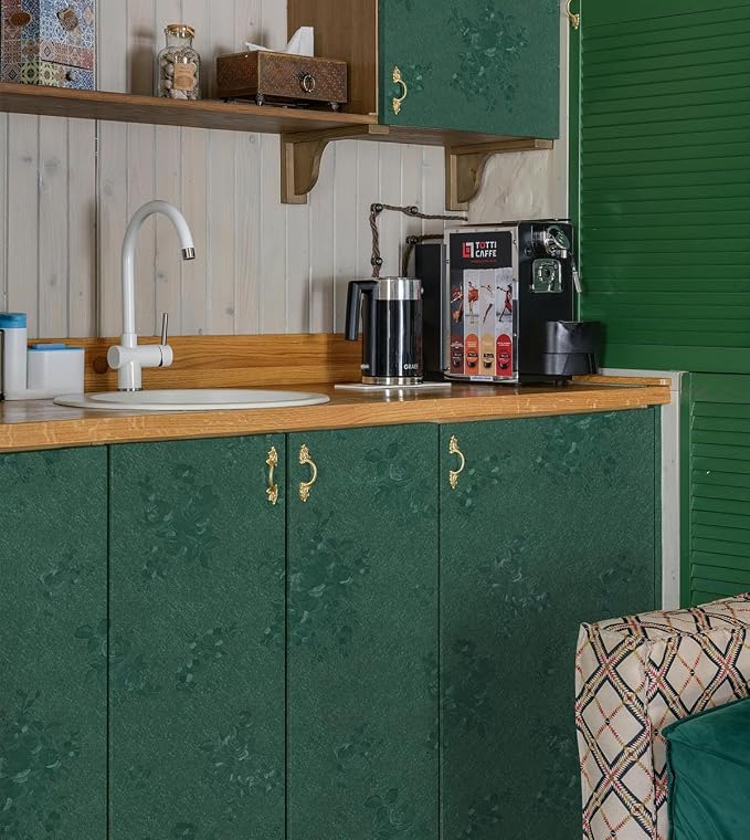 Dark Green Wallpaper Silk Embossed Texture Contact Paper 118in17.7in | Emerald Green Floral Wallpaper,Thicken Self Adhesive Removable,Used for Cabinet Kitchen Bedroom Bathroom Waterproof WallDecor