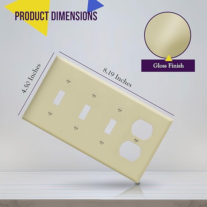 ENERLITES Combination Triple Toggle/Single Duplex Receptacle Outlet Wall Plate, Standard Size 4-Gang Light Switch Cover (4.50" x 8.19"), Polycarbonate Thermoplastic, UL Listed，881321-I, Ivory