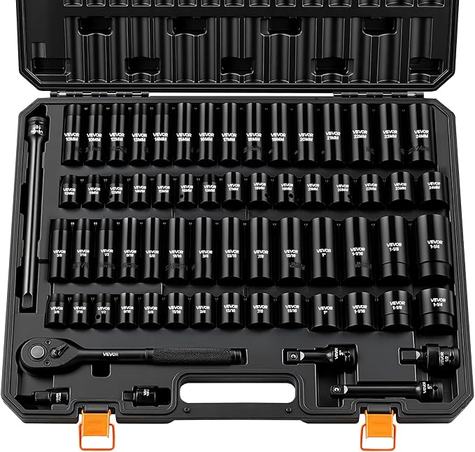 VEVOR 1/2" Drive Impact Socket Set, 65 Piece Socket Set SAE 3/8" to 1-1/4" and Metric 10-24mm, 6 Point Cr-V Alloy Steel for Auto Repair, Rugged Construction, Easy-to-Read Size Markings, Storage Case