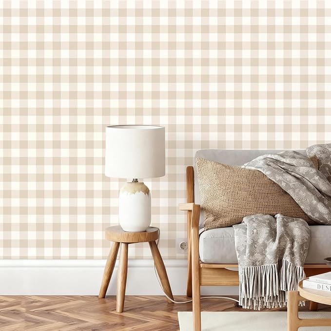 Plaid Wallpaper Peel and Stick, Beige, 17.7"x197" | Self Adhesive, Vinyl, Removable, Boho Contact Paper, Checkered Wall Paper for Bedroom, Living Room, Bathroom