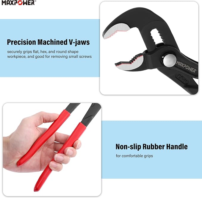 MAXPOWER 7" 10" 12" Water Pump Pliers, Quick Adjustment Push Button Pliers | Jaw Capacity 0.98" 1.4" 1.6", 3-pieces Tongue-and-Groove Pliers Set