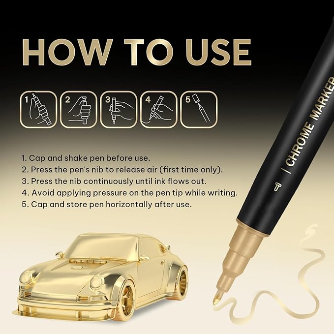1PK Dual Tip Permanent Mirror Chrome Gold Marker – Metallic Gold Paint Pen for Metal, Plastic, Fabric, Jewelry, Model Painting, Touch-Up & Repair Kit, 2 Tips (0.7mm & 3mm Reversible Tip)