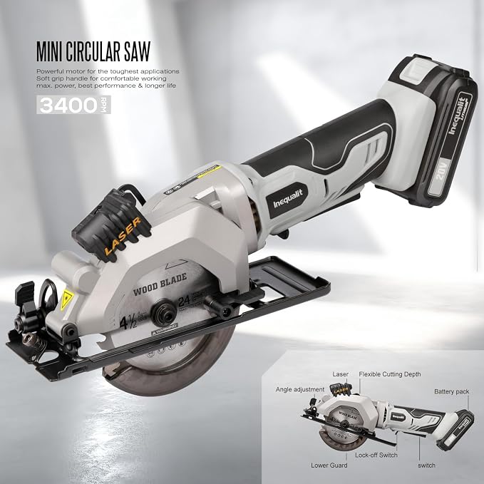 Mini Circular Saw, 3500RPM Corded Compact Saw with 4-1/2" 24T TCT Blades, Laser Guide, Rip Guide, Vacuum Adapter and Blade Wrench, Max Cutting Depth 1-11/16"(90°), 1-1/8"(45°） (Cordless 2A)