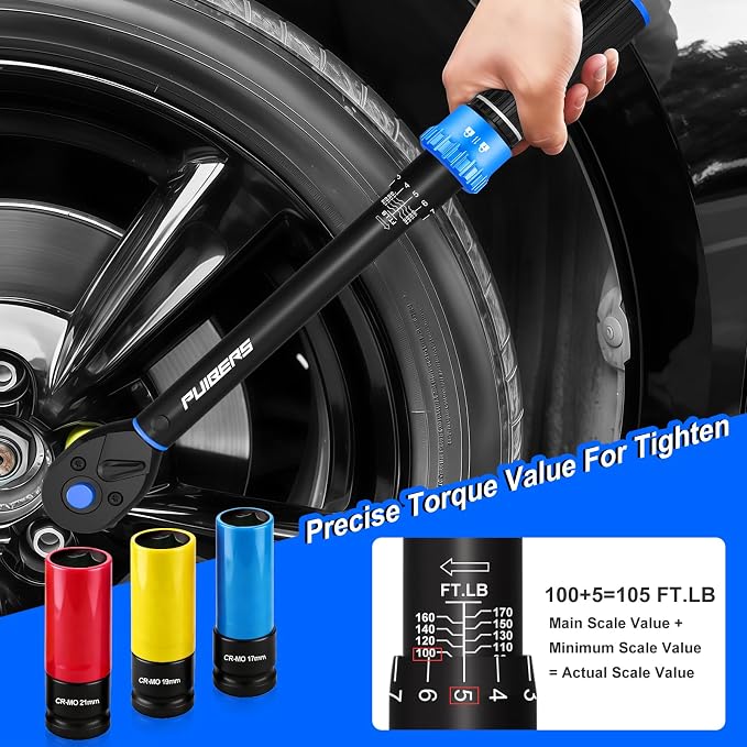 10-170FT 1/2'' Torque Wrench Socket Set, 17mm 19mm 21mm Wheel Sockets with 3/8" Drive Adapter and Extension Bar 72 Tooth, High Accuracy Laser Marking Scale for Auto Motorcycle Repair