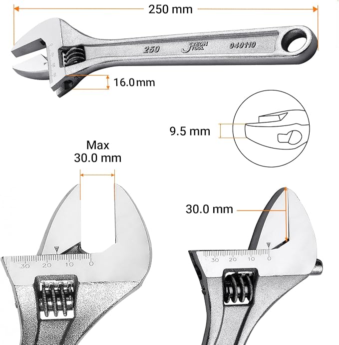 Jetech 10-Inch Adjustable Wrench - Professional Heavy Duty Chrome Vanadium Steel Shifter Spanner with Inch/Metric Scale Wide Caliber Opening