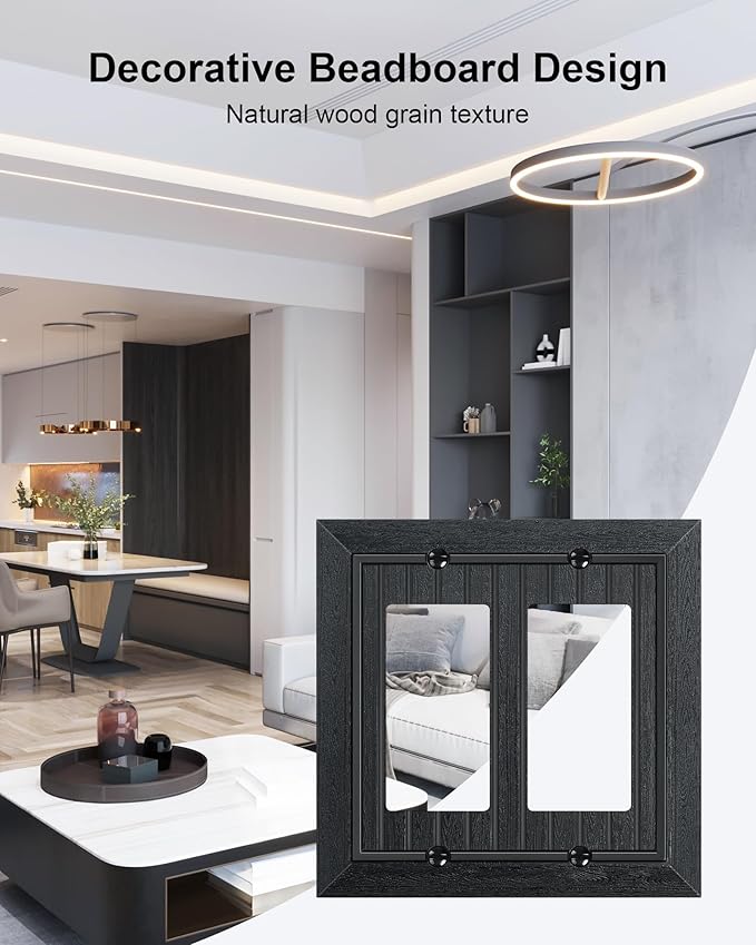 2-Pack Classic Beadboard Decorative Double Decorator Outlet Cover Plate, Matte Black Unbreakable Polycarbonate Wall Plates for Electrical Outlets, Receptacle, GFCI Outlet, Dimmer Switch, 2-Gang