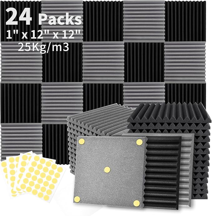 Focusound 24 Pack Black Grey Acoustic Foam Panels 1" x 12" x 12" Sound Proof Foam Panles Soundproofing Noise Cancelling Wedge Panels for Home Office Recoding Studio with 240PCS Double-Side Adhesive