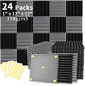 Focusound 24 Pack Black Grey Acoustic Foam Panels 1" x 12" x 12" Sound Proof Foam Panles Soundproofing Noise Cancelling Wedge Panels for Home Office Recoding Studio with 240PCS Double-Side Adhesive