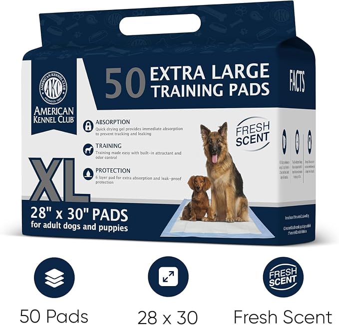 American Kennel Club Scented Puppy Training Pads with Ultra Absorbent Quick Dry Gel – 28 x 30 Pee Pads for Dogs - Fresh Scented - 50 Count, XL (Pack of 2)