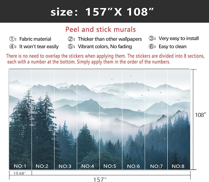 YIHWM-Peel and Stick Foggy Forest Wallpaper Misty Pine Scenery Tree Mural | Tear-resistant,with a substantial feel;Will not be damaged during repositioning.Bathroom,Bedroom wallpaper.XL-157"x108"