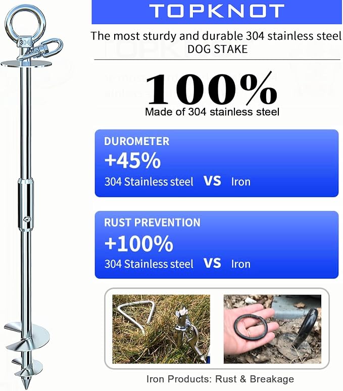 TOPKNOT Dog Tie Out Stake for Yard,(up to 300lbs),360° Swivel Dog Run Anchor,Use Any Tie Out Cable or Yard Leash- Outdoor Camping(Anchor Only)
