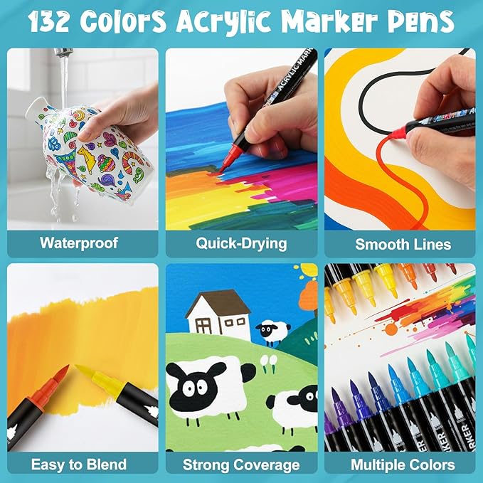 FansArriche 132 Colors Acrylic Paint Markers, Dual Tip Brush & Fine Point Permanent Markers Set for Fabric, Wood, Stone, Canvas, Rock, DIY Art Supplies Kit