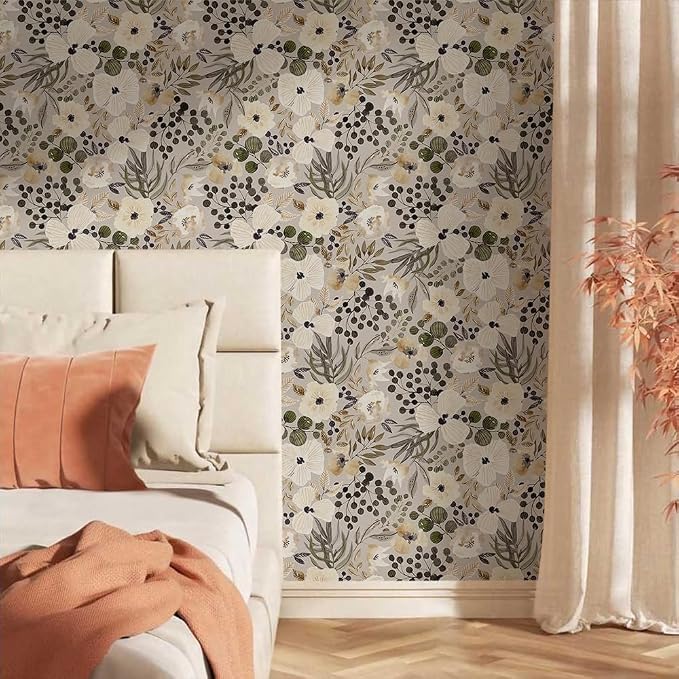 18"x236" Boho Cream/Brown Daisy Flower Peel and Stick Self Adhesive Wallpaper Removable Contact Paper Stick on Easy Peel Off Wall Paper for Kitchen Bedroom Bathroom Renter
