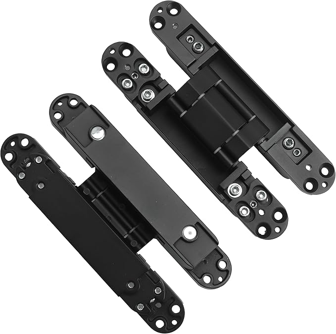4-Pack 7 inch Black Hidden Door Hinges, Heavy Duty Zinc Alloy Concealed Hinges, Invisible 180 Degree Swing Hinge, 3 Way Adjustable Butt Hinge