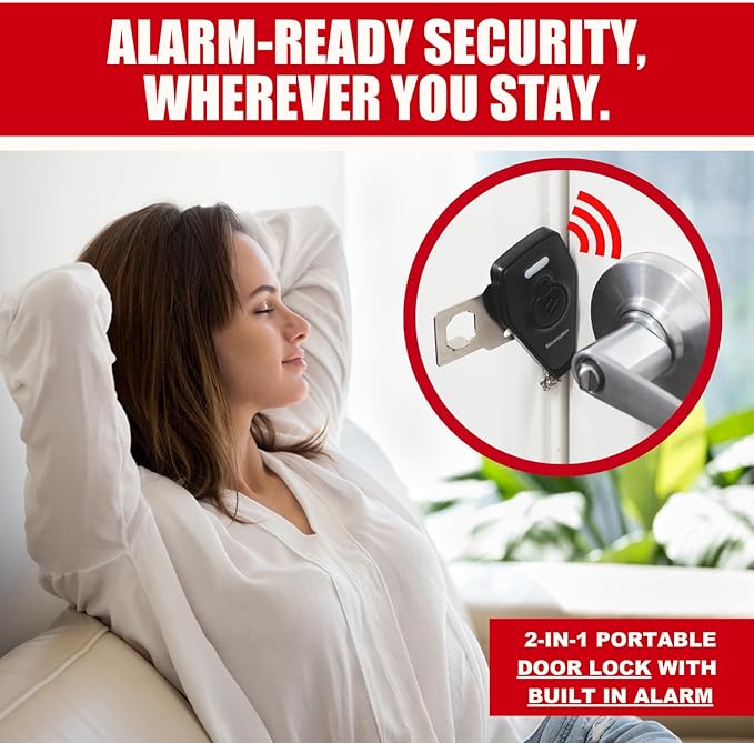 Securityman Portable Door Lock with Alarm | Hotel Door Locks for Travelers Security | Loud 130dB Door Security Device for Hotel Room, Apartment Home, & Travel Safety Inside for Women Children - Black
