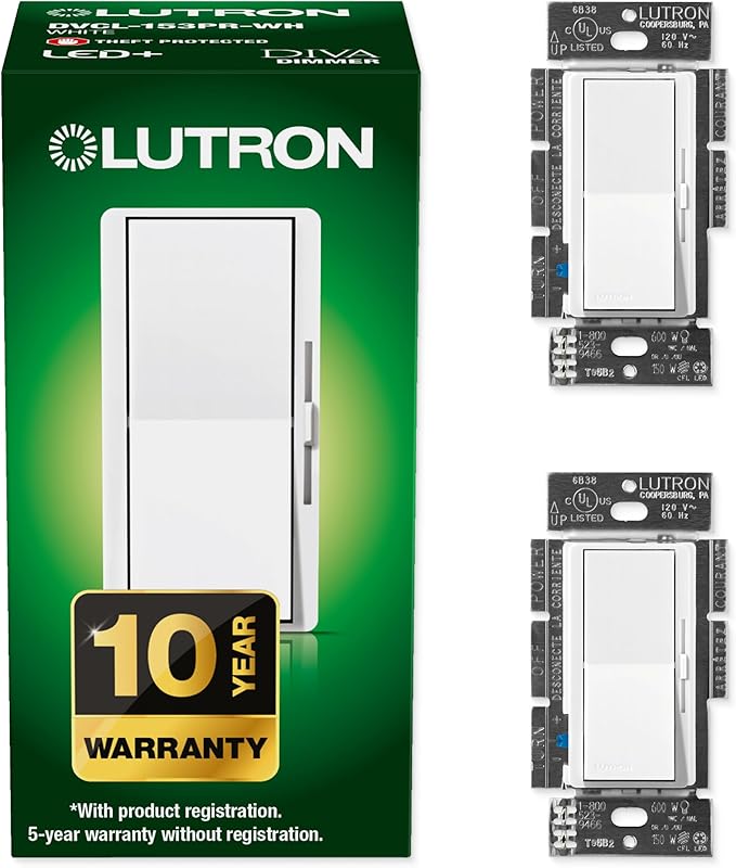 Lutron Diva LED+ Dimmer Light Switch for Dimmable LED, Halogen, and Incandescent Bulbs, 150 Watt, Single-Pole or 3-Way, DVCL-153P-WH, White (2-Pack)