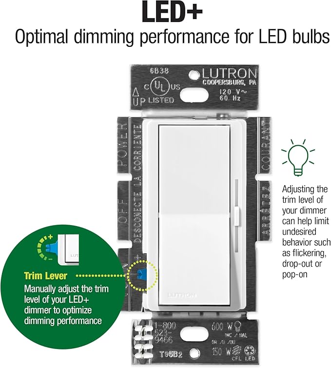 Lutron Diva LED+ Dimmer Light Switch for Dimmable LED, Halogen, and Incandescent Bulbs, 150 Watt, Single-Pole or 3-Way, DVWCL-153PH-2-WH, White (2-Pack) with Wallplate