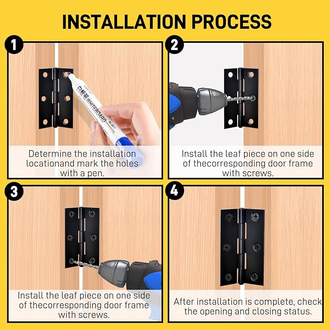 12 PCS 2.5 inch Door Hinge Thick Cabinet Hinge, High-end Stainless Steel Small Butt Hinges for Wood, 72 Mounting Screws, Black