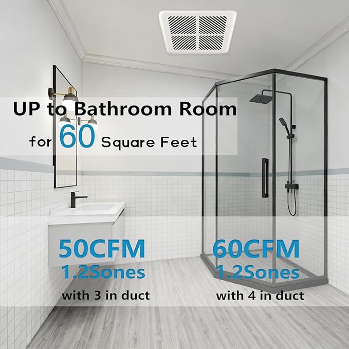 Tech Drive Very Quiet Bathroom Exhaust Fan - 60 CFM/50 CFM, 3&4-Inch Duct Included, No Attic Access Needed, Energy Star, Easy to Install, Ceiling Mounted for Bathrooms Up to 55 Sq. Ft, White